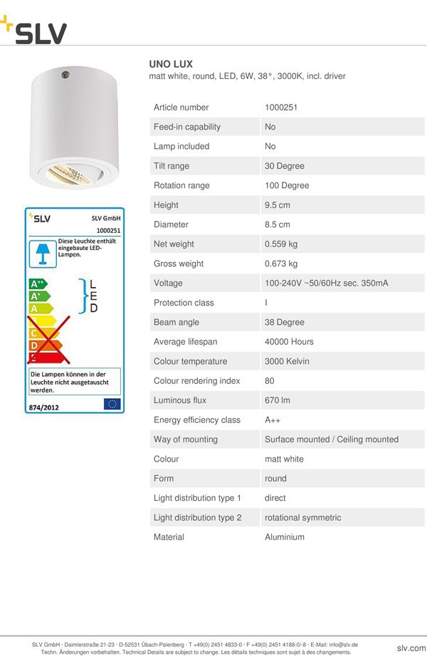Точковий світильник SLV 1000251 Uno Lux купити