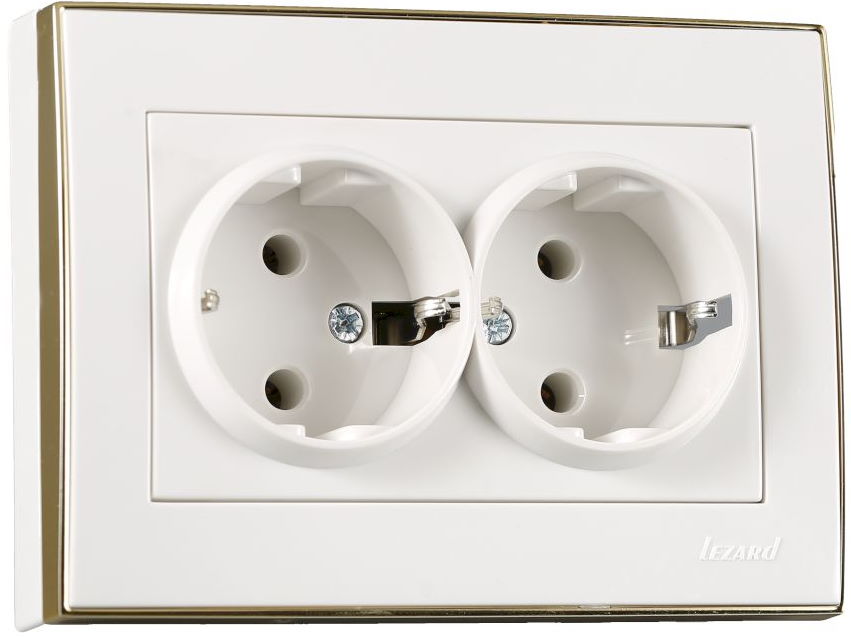 Розетка двойная с/з, белый-золото Lezard RAIN (703-0226-127B) купити