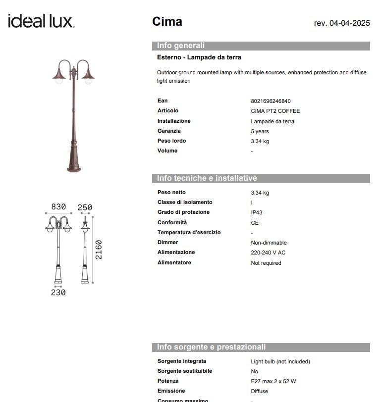 Вуличний світильник Ideal Lux 246840 Cima PT2 Coffee (12414) купити
